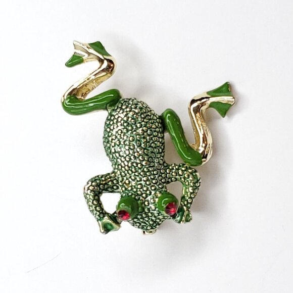 Frog Brooch Green Movable Articulated Back Legs Red Rhinestone Eyes Whimsical - Picture 3 of 4